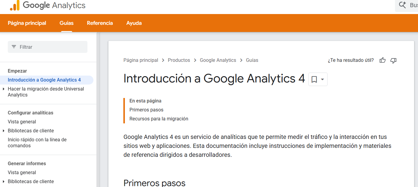 Pantalla de Google Analytics