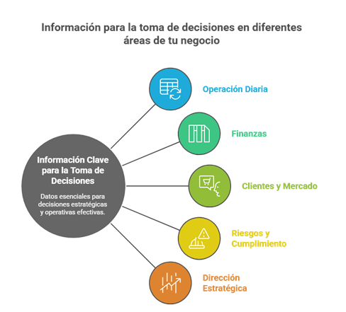 Gráfico que muestra áreas clave para la toma de decisiones: operación, finanzas, clientes, riesgos y dirección estratégica